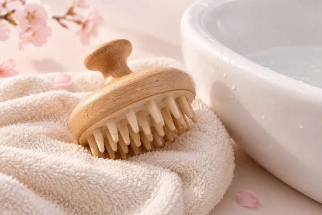 A wooden scalp brush and towel beside a white basin