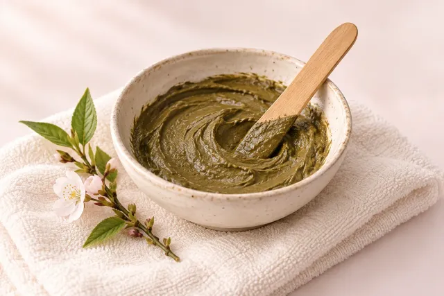 A bowl of botanical hair-care paste and a wooden applicator