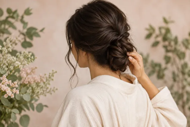 Soft hair and an ivory robe in a quiet beauty-care moment