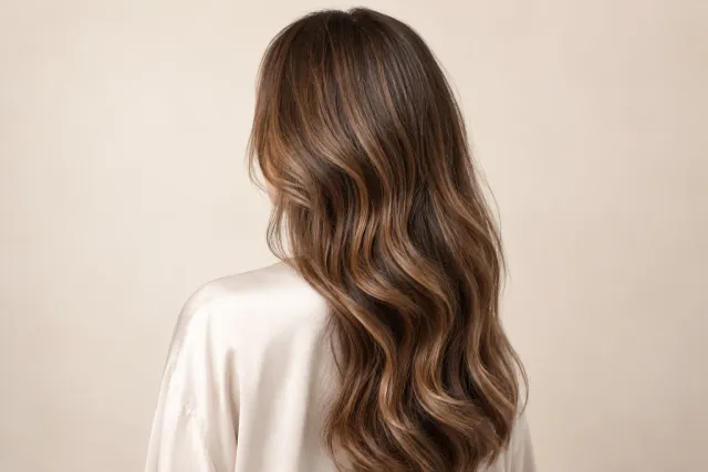 Soft chestnut hair with subtle natural highlights