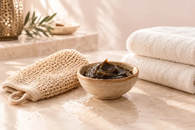 Moroccan bath soap, exfoliating mitt and folded towels