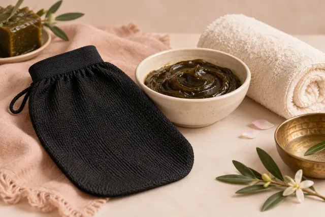 A traditional dark exfoliating mitt, soap bowl and folded towels