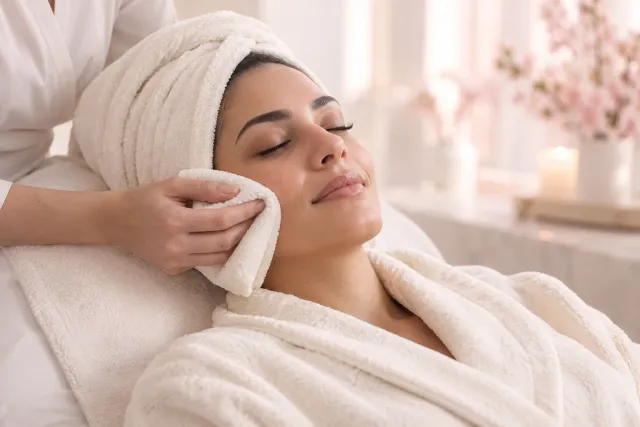 A quiet facial-care moment with a cream towel wrap