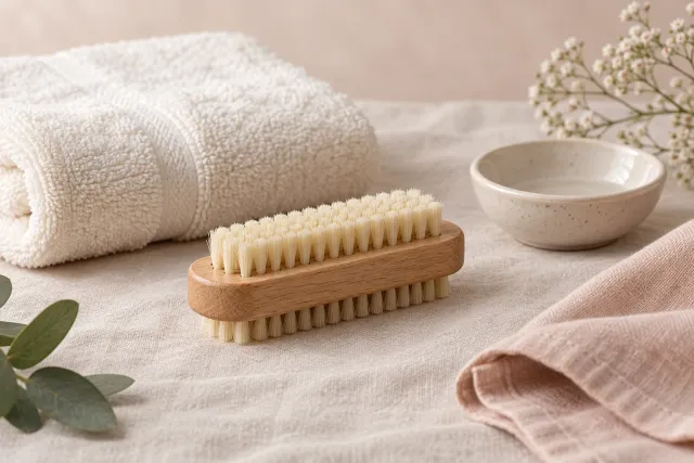 A wooden nail brush, ivory towel and ceramic dish on soft linen