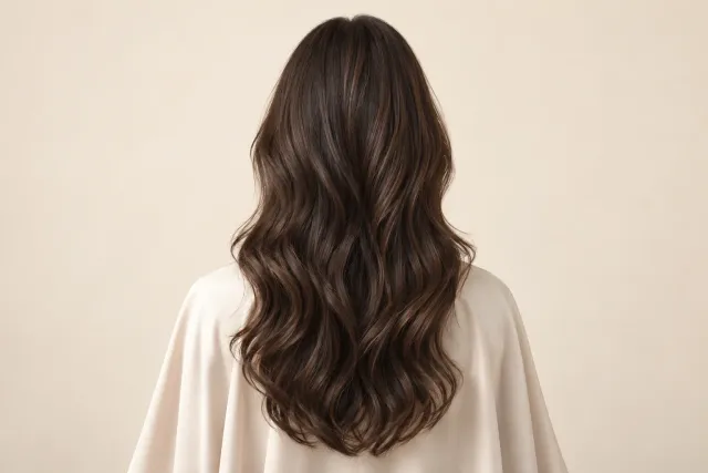 Gently styled waves over an ivory salon cape