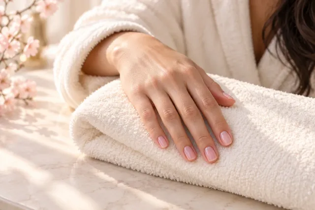 Natural blush manicure resting on a cream towel